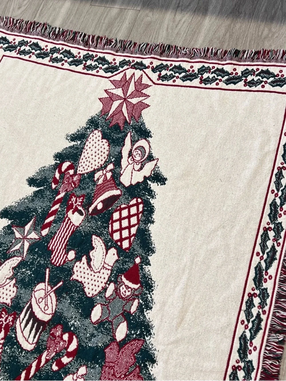 Vintage Christmas Tapestry Throw Blanket Tree Reversible Fringe Holiday Decor